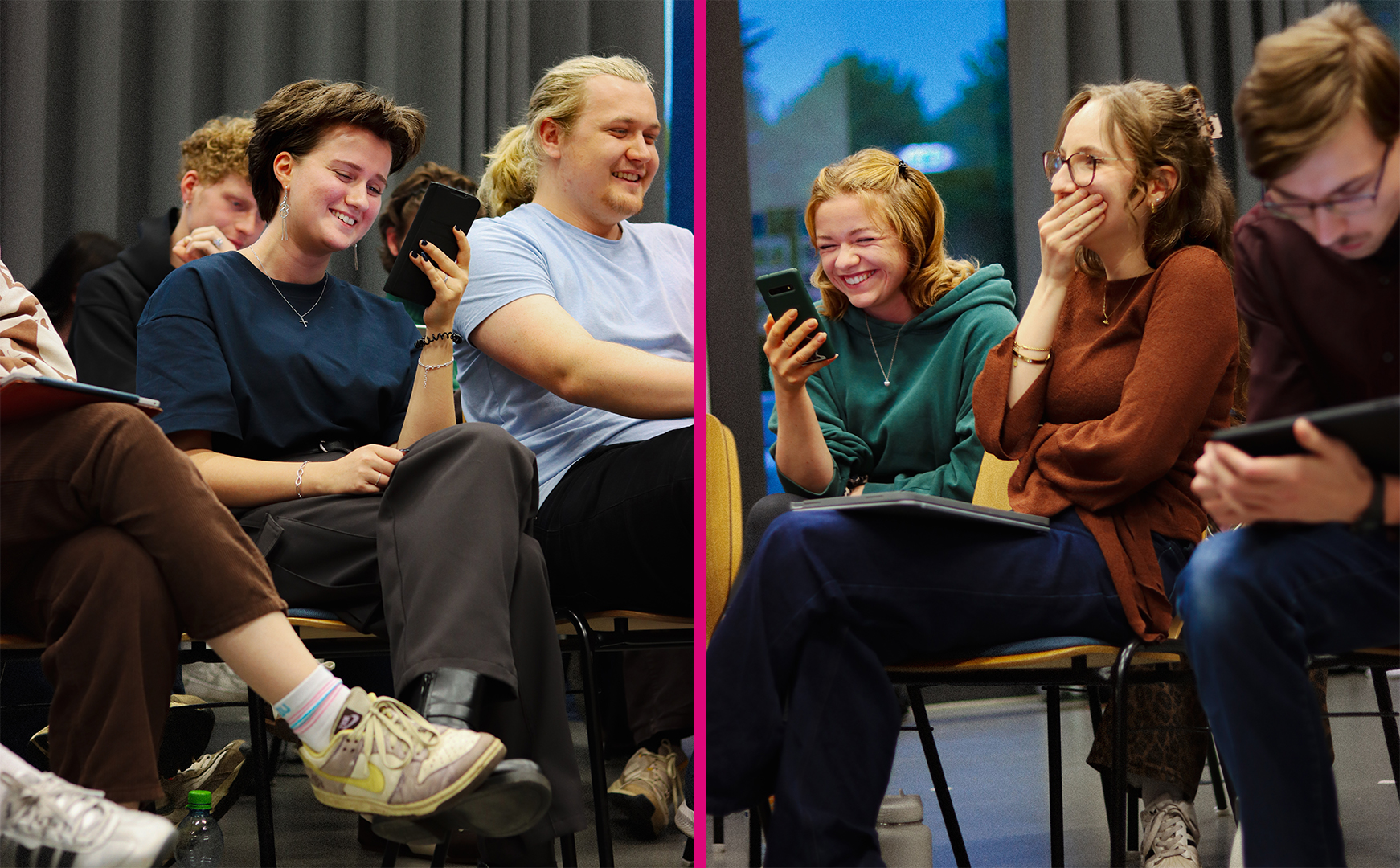 Zwei Fotos von lachenden Schauspielern bei einer Leseprobe